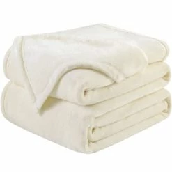 HOMEIDEAS 380GSM Flannel Fleece Blanket Twin Size - Lightweight Fuzzy Blanket For All Season - Super Soft For Couch Bed Camping Travel (66x90, Ivory/Cream) Pompom - Stone Blue