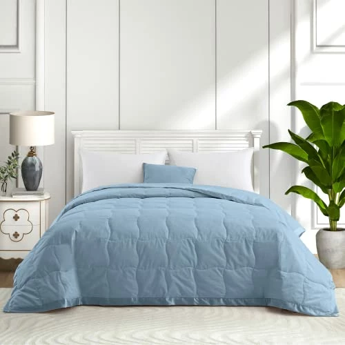 UNIKOME Lightweight Goose Feather Down Blanket With Satin Trim, Full/Queen Size Blanket For Bed 100% Cotton, Sky Blue (90"X90") 3 UNIKOME Lightweight Goose Feather Down Blanket With Satin Trim, Full/Queen Size Blanket For Bed 100% Cotton, Sky Blue (90"X90")