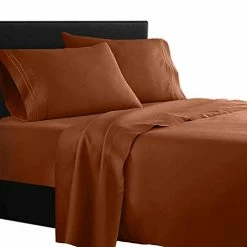 Clara Clark Superior Bed Sheet Set - Double Brushed Microfiber 4-Piece Bed Set - Deep Pocket Fitted Sheet - King - Burnt Sienna Light Blue Aqua