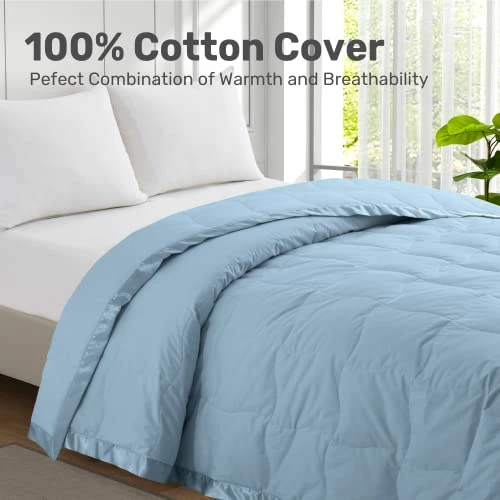 UNIKOME Lightweight Goose Feather Down Blanket With Satin Trim, Full/Queen Size Blanket For Bed 100% Cotton, Sky Blue (90"X90") 5 UNIKOME Lightweight Goose Feather Down Blanket With Satin Trim, Full/Queen Size Blanket For Bed 100% Cotton, Sky Blue (90"X90") - Image 3