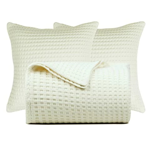 Tex Trend Waffle Weave Cotton Blanket - All Season Luxury Fine Fabric Blanket - King 90x108 Inch, Ivory Cream - With Free Pillow Cushion Covers 3 Tex Trend Waffle Weave Cotton Blanket - All Season Luxury Fine Fabric Blanket - King 90x108 Inch, Ivory Cream - With Free Pillow Cushion Covers