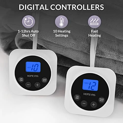 HOMLYNS Electric Blanket Queen Size Dual Control, Heated Blanket With 1-12H Timer Auto-Off & 10 Heating Levels, Fast Heating Blanket Machine Washable, Home Office Use ETL Certified, Grey (84x90) 3 HOMLYNS Electric Blanket Queen Size Dual Control, Heated Blanket With 1-12H Timer Auto-Off & 10 Heating Levels, Fast Heating Blanket Machine Washable, Home Office Use ETL Certified, Grey (84x90)