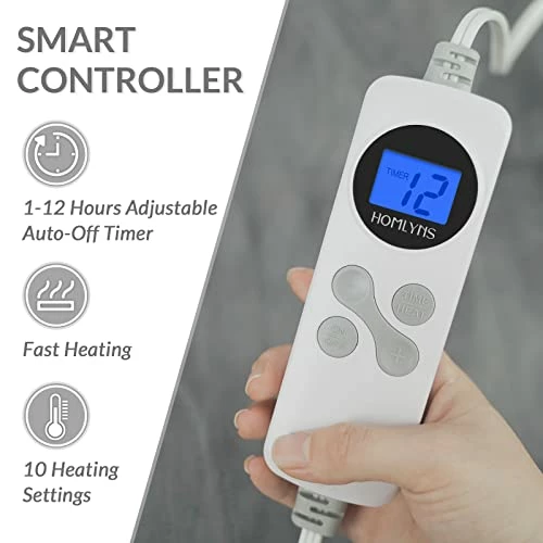 HOMLYNS Electric Blanket Twin Size With 1-12 Hrs Timer Auto-Off & 10 Heating Levels, Double-Layer Flannel Heated Blanket With ETL Certification, Machine Washable Heating Blanket (62”x 84”, Grey) 4 HOMLYNS Electric Blanket Twin Size With 1-12 Hrs Timer Auto-Off & 10 Heating Levels, Double-Layer Flannel Heated Blanket With ETL Certification, Machine Washable Heating Blanket (62”x 84”, Grey) - Image 2