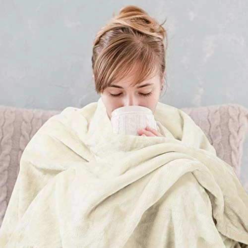 HOMEIDEAS 380GSM Flannel Fleece Blanket Twin Size - Lightweight Fuzzy Blanket For All Season - Super Soft For Couch Bed Camping Travel (66x90, Ivory/Cream) Pompom - Stone Blue 4 HOMEIDEAS 380GSM Flannel Fleece Blanket Twin Size - Lightweight Fuzzy Blanket For All Season - Super Soft For Couch Bed Camping Travel (66x90, Ivory/Cream) Pompom - Stone Blue - Image 2