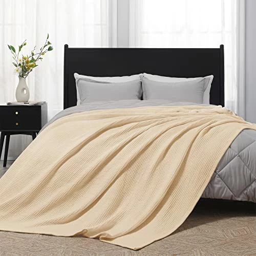 Downluxe 100% Cotton Waffle Blanket Queen Size - Beige 410GSM Soft Lightweight Thermal Queen Blanket For Bed Sofa Couch - Cozy Breathable Bed Blanket With Mesh Bag For All Season(90x90 Inches) Waffle Sandy Beige 4 Downluxe 100% Cotton Waffle Blanket Queen Size - Beige 410GSM Soft Lightweight Thermal Queen Blanket For Bed Sofa Couch - Cozy Breathable Bed Blanket With Mesh Bag For All Season(90x90 Inches) Waffle Sandy Beige - Image 2