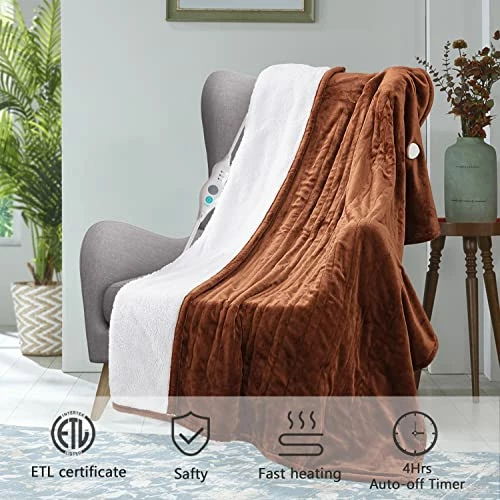 Dowin Electric Heated Blanket Throw - 50x60 Inch Flannel Plush Reversible Fast Heating Blanket 3 Heating Levels, 4hrs Auto-Off,Machine Washable Blue 4 Dowin Electric Heated Blanket Throw - 50x60 Inch Flannel Plush Reversible Fast Heating Blanket 3 Heating Levels, 4hrs Auto-Off,Machine Washable Blue - Image 2
