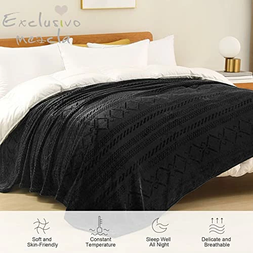 Exclusivo Mezcla Soft Queen Size Fleece Blanket, 90x90 Inches Warm Fuzzy Luxury Bed Blankets, Decorative Geometry Pattern Plush Blanket For Bed, Black 4 Exclusivo Mezcla Soft Queen Size Fleece Blanket, 90x90 Inches Warm Fuzzy Luxury Bed Blankets, Decorative Geometry Pattern Plush Blanket For Bed, Black - Image 2