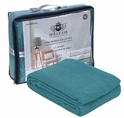 HILLFAIR 100% Cotton Blanket Queen Size 90"x90" - Luxury Decorative Soft Breathable Skin-Friendly Cotton Bed Blankets For All Season- Perfect Textured Blanket Layer For Couch Bed Sofa- Teal Queen White