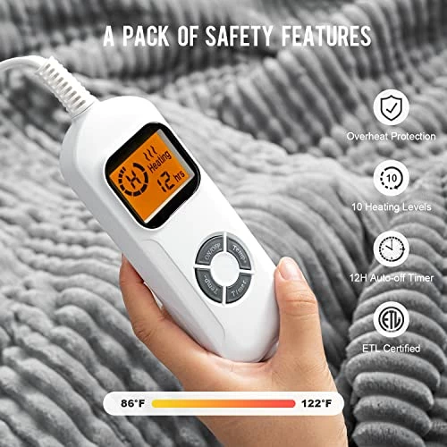 Uttermara Electric Blanket Twin Size 62x84 Inches - Soft Warm Sherpa Heated Blanket, 10 Heating Levels Fast Heating Blanket With 12hrs Auto-Off Timer, Ribbed Fleece Full Body Warming Blanket, Grey 4 Uttermara Electric Blanket Twin Size 62x84 Inches - Soft Warm Sherpa Heated Blanket, 10 Heating Levels Fast Heating Blanket With 12hrs Auto-Off Timer, Ribbed Fleece Full Body Warming Blanket, Grey - Image 2