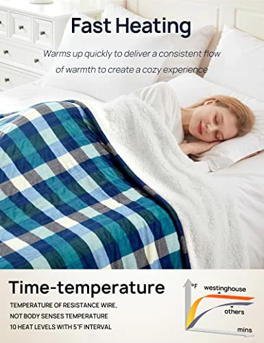 Westinghouse Electric Blanket Heated Blanket, Plaid Sherpa Heating Blanket, 10 Heating Levels & 1 To 12 Hours Heating Time Settings, Green Plaid, 62"x84" Twin Size 5 Westinghouse Electric Blanket Heated Blanket, Plaid Sherpa Heating Blanket, 10 Heating Levels & 1 To 12 Hours Heating Time Settings, Green Plaid, 62"x84" Twin Size - Image 3