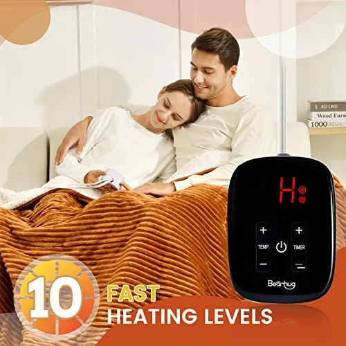 Bearhug Electric Heated Blanket, Ribbed Flannel & Sherpa 62"x84" Fast Heating Blanket, 5 Year Warranty, 10 Heating Levels & 1-12H Auto Off, Over Heat Protection, Machine Washable Brown 6 Bearhug Electric Heated Blanket, Ribbed Flannel & Sherpa 62"x84" Fast Heating Blanket, 5 Year Warranty, 10 Heating Levels & 1-12H Auto Off, Over Heat Protection, Machine Washable Brown - Image 4