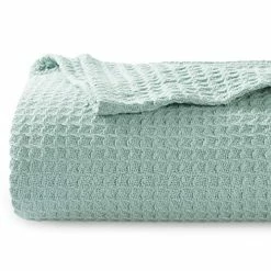 Bedsure 100% Cotton Blankets Queen Size For Bed - 405GSM Waffle Weave Fall Throw Blankets For All Seasons, Mint Green Soft Lightweight Woven Blankets, 90x90 Inches