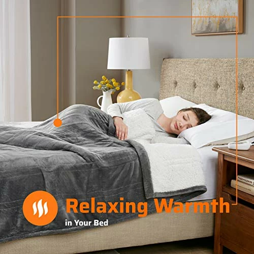 Degrees Of Comfort Sherpa Soft Dual Control Electric Blanket King Size, Heating Blankets | Washable | 1-10 Hour Automatic Shut Off | Double Zone, 20 Heat Settings | 100" X 90" Grey 5 Degrees Of Comfort Sherpa Soft Dual Control Electric Blanket King Size, Heating Blankets | Washable | 1-10 Hour Automatic Shut Off | Double Zone, 20 Heat Settings | 100" X 90" Grey - Image 3