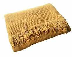 KyraHome 100% Organic Muslin Cotton Throw Blanket For Adult Kids Couch Bed, 4-Layer Pre-Washed Natural Plant Dyed Yarn, Breathable Soft, Cozy Warm Lightweight Bed Blanket For All Season ( Mustard Yellow)