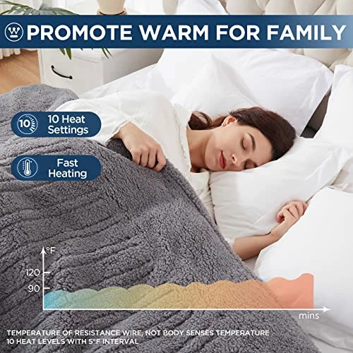 Westinghouse Electric Blanket Full Size, Soft Plush Sherpa Heated Blanket With 10 Heating Levels & 1-12 Hours Auto-Off, Machine Washable, 62x84 Inches, Darkgrey 4 Westinghouse Electric Blanket Full Size, Soft Plush Sherpa Heated Blanket With 10 Heating Levels & 1-12 Hours Auto-Off, Machine Washable, 62x84 Inches, Darkgrey - Image 2
