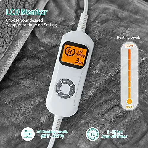 Electric Heated Blanket King Size, Immtree Fast Heating Flannel Sherpa Electric Blanket With 10 Heating Levels & 1-12 Hours Auto Off, For Home Office, ETL Certified, Machine Washable, Grey, 84"× 90" 4 Electric Heated Blanket King Size, Immtree Fast Heating Flannel Sherpa Electric Blanket With 10 Heating Levels & 1-12 Hours Auto Off, For Home Office, ETL Certified, Machine Washable, Grey, 84"× 90" - Image 2