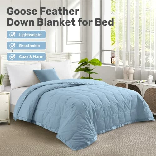 UNIKOME Lightweight Goose Feather Down Blanket With Satin Trim, Full/Queen Size Blanket For Bed 100% Cotton, Sky Blue (90"X90") 4 UNIKOME Lightweight Goose Feather Down Blanket With Satin Trim, Full/Queen Size Blanket For Bed 100% Cotton, Sky Blue (90"X90") - Image 2