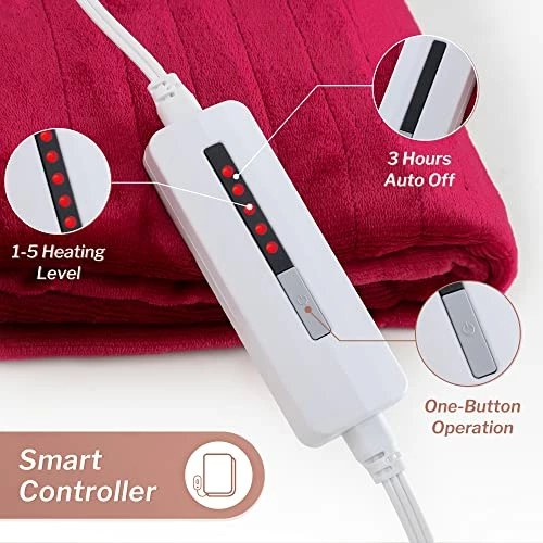 CORIWELL Heated Blanket Electric Throw - 50" X 60" Full Body Size Heating Blanket - 5 Heating Setting Soft Flannel Electric Blanket With 3 Hours Auto Shut Off, Machine Washable(Rose Red ) 4 CORIWELL Heated Blanket Electric Throw - 50" X 60" Full Body Size Heating Blanket - 5 Heating Setting Soft Flannel Electric Blanket With 3 Hours Auto Shut Off, Machine Washable(Rose Red ) - Image 2