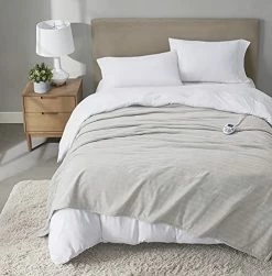 Serta Travis Fleece Ultra Soft Tri-Rib Textured Electric Blanket, Cozy And Snuggly Cover Fast Heating For Cold Weather, Auto Shut Off, Multi Heat Setting Controller, Full, Light Grey