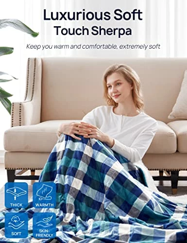 Westinghouse Electric Blanket Heated Blanket, Plaid Sherpa Heating Blanket, 10 Heating Levels & 1 To 12 Hours Heating Time Settings, Green Plaid, 62"x84" Twin Size 4 Westinghouse Electric Blanket Heated Blanket, Plaid Sherpa Heating Blanket, 10 Heating Levels & 1 To 12 Hours Heating Time Settings, Green Plaid, 62"x84" Twin Size - Image 2