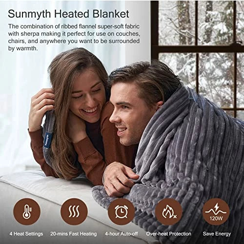 【5 Years Warranty】 Sunmyth Heated Blanket Electric Throw 50x60'', Flannel & Sherpa Fast Heating Blanket With 4 Heating Levels & 4H Auto Off, Over-Heat Protection, Machine Washable, ETL/FCC, Grey 4 【5 Years Warranty】 Sunmyth Heated Blanket Electric Throw 50x60'', Flannel & Sherpa Fast Heating Blanket With 4 Heating Levels & 4H Auto Off, Over-Heat Protection, Machine Washable, ETL/FCC, Grey - Image 2