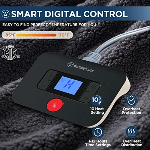 Westinghouse Electric Blanket Full Size, Soft Plush Sherpa Heated Blanket With 10 Heating Levels & 1-12 Hours Auto-Off, Machine Washable, 62x84 Inches, Darkgrey 3 Westinghouse Electric Blanket Full Size, Soft Plush Sherpa Heated Blanket With 10 Heating Levels & 1-12 Hours Auto-Off, Machine Washable, 62x84 Inches, Darkgrey