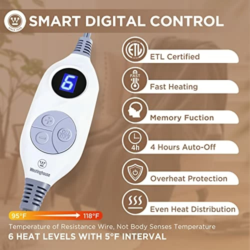 Westinghouse Heated Blanket, Electric Blanket With 6 Heating Levels, 4 Hour Auto Off, Overheat Protection, Machine Washable, Flannel (50x60 Inches, Grey) 3 Westinghouse Heated Blanket, Electric Blanket With 6 Heating Levels, 4 Hour Auto Off, Overheat Protection, Machine Washable, Flannel (50x60 Inches, Grey)