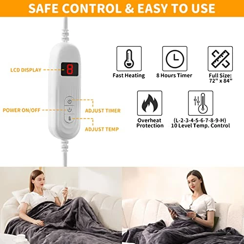 Abemala Electric Heated Blanket Full Size 72"x 84" | Soft Flannel Sofa Bed Blanket With 10 Level Fast Heating & Overheat Protection | Machine Washable & Dryable | 8H Timer Outdoor Throw Heating Blanket | Grey 4 Abemala Electric Heated Blanket Full Size 72"x 84" | Soft Flannel Sofa Bed Blanket With 10 Level Fast Heating & Overheat Protection | Machine Washable & Dryable | 8H Timer Outdoor Throw Heating Blanket | Grey - Image 2