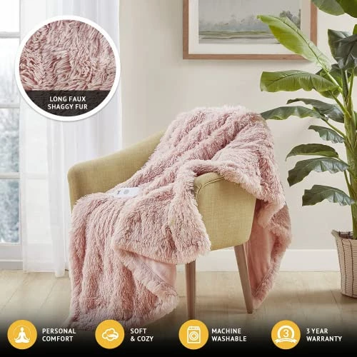 Serta Mila Shaggy Throw - Ultra Soft Long Faux Fur Electric Blanket, Fast Heating, Safety Auto Shut Off Timer, Low EMF, Multi Heat Setting, ETL Certified, Machine Washable, 50"x60", Blush 4 Serta Mila Shaggy Throw - Ultra Soft Long Faux Fur Electric Blanket, Fast Heating, Safety Auto Shut Off Timer, Low EMF, Multi Heat Setting, ETL Certified, Machine Washable, 50"x60", Blush - Image 2