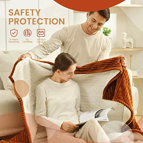 Bearhug Electric Heated Blanket, Ribbed Flannel & Sherpa 62"x84" Fast Heating Blanket, 5 Year Warranty, 10 Heating Levels & 1-12H Auto Off, Over Heat Protection, Machine Washable Brown 8 Bearhug Electric Heated Blanket, Ribbed Flannel & Sherpa 62"x84" Fast Heating Blanket, 5 Year Warranty, 10 Heating Levels & 1-12H Auto Off, Over Heat Protection, Machine Washable Brown - Image 6