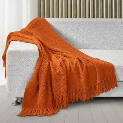 HOMEIDEAS Textured Knitted Throw Blanket - Super Soft Knit Blanket With Tassels - Warm Decorative Blanket For Fall Winter Couch Sofa Chair Bed Living Room (50x60, Orange) -Electric Blankets Sales 2022 51gBnk7O0TL