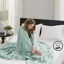 Madison Park Liquid Cotton Luxury Blanket Premium Soft Cozy 100% Ring Spun Cotton For Bed , Couch Or Sofa, King, Sea Foam