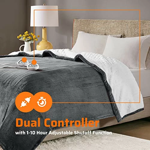 Degrees Of Comfort Sherpa Soft Dual Control Electric Blanket King Size, Heating Blankets | Washable | 1-10 Hour Automatic Shut Off | Double Zone, 20 Heat Settings | 100" X 90" Grey 4 Degrees Of Comfort Sherpa Soft Dual Control Electric Blanket King Size, Heating Blankets | Washable | 1-10 Hour Automatic Shut Off | Double Zone, 20 Heat Settings | 100" X 90" Grey - Image 2