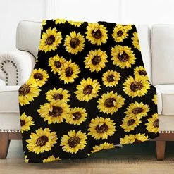 Levens Sunflower Gifts Throw Blanket For Women - Living Room Home Bedroom Decor, Soft Fuzzy Yellow Flower Print Plush Blankets For Couch Sofa Bed Birthday Black 50"x60"