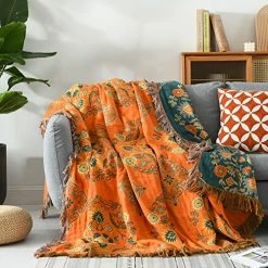 KALOOLA Orange Queen Muslin Blanket, Boho Floral Blanket, 100% Cotton Oversized Blanket For Queen Size Bed, Reversible Bohemian Blanket Queen For Living Room, 90x98 -Electric Blankets Sales 2022 51zr6yjJ84L