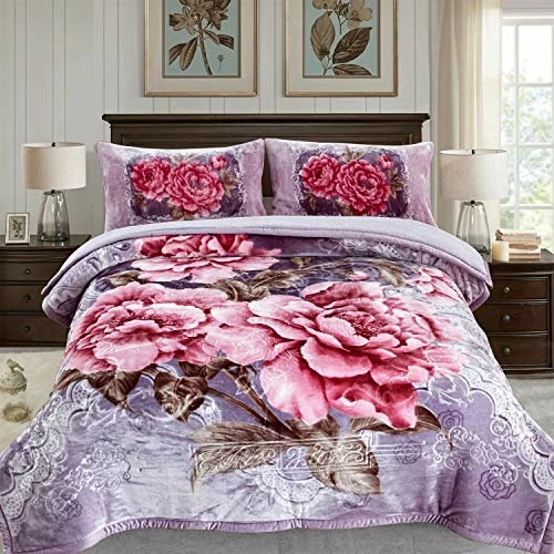 JML Luxury Sherpa Flannel Blanket 3-Piece, Winter Warm Bed Blanket With 2 Pillow Shams- Soft, Warm, Korean Style Printed Embossed Reversible Plush Bed Blanket, Poney King Size (79" X 91") Purple Floral 4 JML Luxury Sherpa Flannel Blanket 3-Piece, Winter Warm Bed Blanket With 2 Pillow Shams- Soft, Warm, Korean Style Printed Embossed Reversible Plush Bed Blanket, Poney King Size (79" X 91") Purple Floral - Image 2