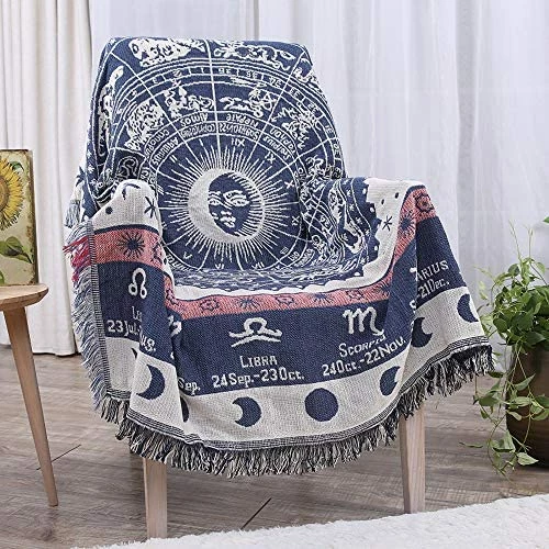 Erke Astrology Throw Blanket Tapestry With Boho Fringe For Couch Bed, Cotton Woven Reversible Knit Cover Hippie Blankets For Sofa Room Wall Decor - 50" X 70" White/Blue 7 Erke Astrology Throw Blanket Tapestry With Boho Fringe For Couch Bed, Cotton Woven Reversible Knit Cover Hippie Blankets For Sofa Room Wall Decor - 50" X 70" White/Blue - Image 5