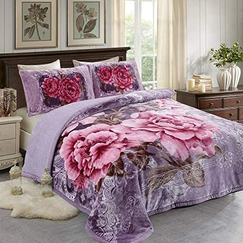 JML Luxury Sherpa Flannel Blanket 3-Piece, Winter Warm Bed Blanket With 2 Pillow Shams- Soft, Warm, Korean Style Printed Embossed Reversible Plush Bed Blanket, Poney King Size (79" X 91") Purple Floral 10 JML Luxury Sherpa Flannel Blanket 3-Piece, Winter Warm Bed Blanket With 2 Pillow Shams- Soft, Warm, Korean Style Printed Embossed Reversible Plush Bed Blanket, Poney King Size (79" X 91") Purple Floral - Image 8