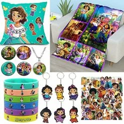 Tienaoke Encanto Blanket Gift Set, Includes Blanket 40x60in, Pillowcase, 50 Pieces Stickers, 6 Keychains, 6 Bracelets, Button Pins, Necklace Style B