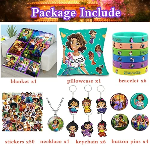 Tienaoke Encanto Blanket Gift Set, Includes Blanket 40x60in, Pillowcase, 50 Pieces Stickers, 6 Keychains, 6 Bracelets, Button Pins, Necklace Style B 4 Tienaoke Encanto Blanket Gift Set, Includes Blanket 40x60in, Pillowcase, 50 Pieces Stickers, 6 Keychains, 6 Bracelets, Button Pins, Necklace Style B - Image 2