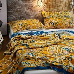 MEJU Paisly Luxury Muslin Blanket All Season For Bed Sofa Couch, 100% Combed Cotton 4 Layer Soft Warm Quick Dry Throw Blanket Bed Coverlet Sheet (Paisley, F/Q 78" X 90")
